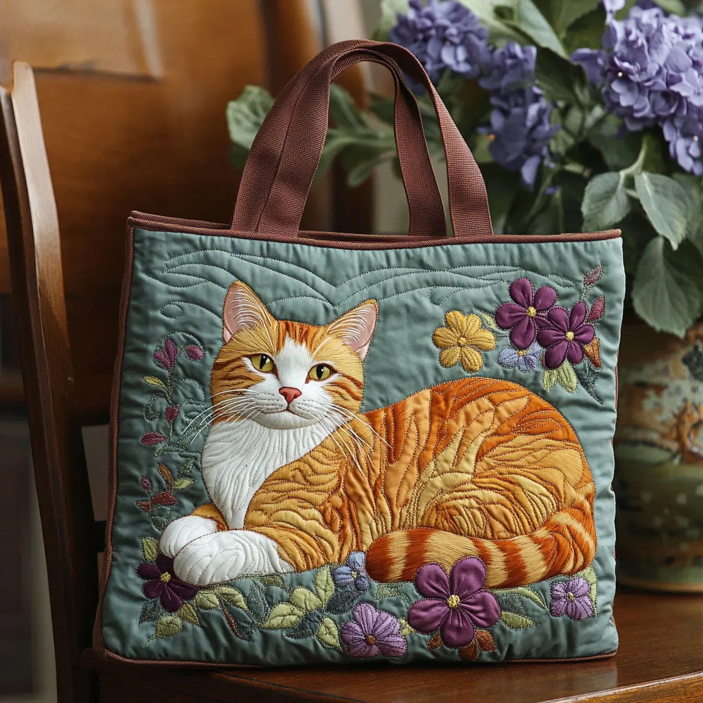 Johanna | Gesteppte Tragetasche mit Motiv Rotgetigerte Katze mit Blumen