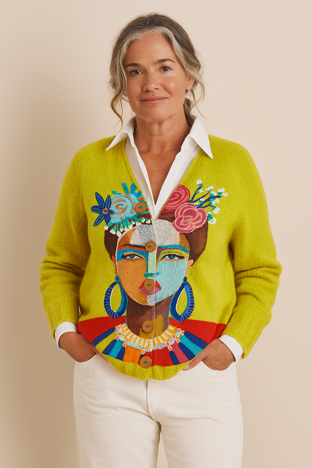Ilse | Strickjacke mit Knöpfen und Frida-Kahlo-Porträt im Ölgemäldestil
