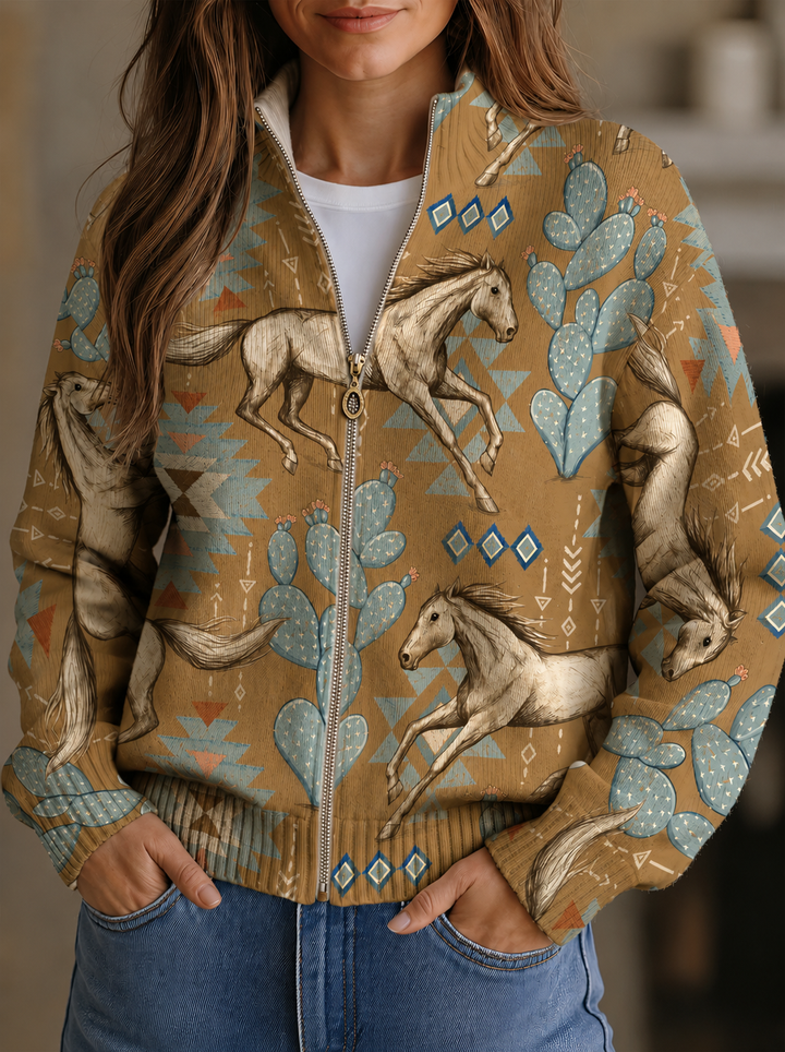 Beate™ | Cardigan mit Pferden & Kakteen