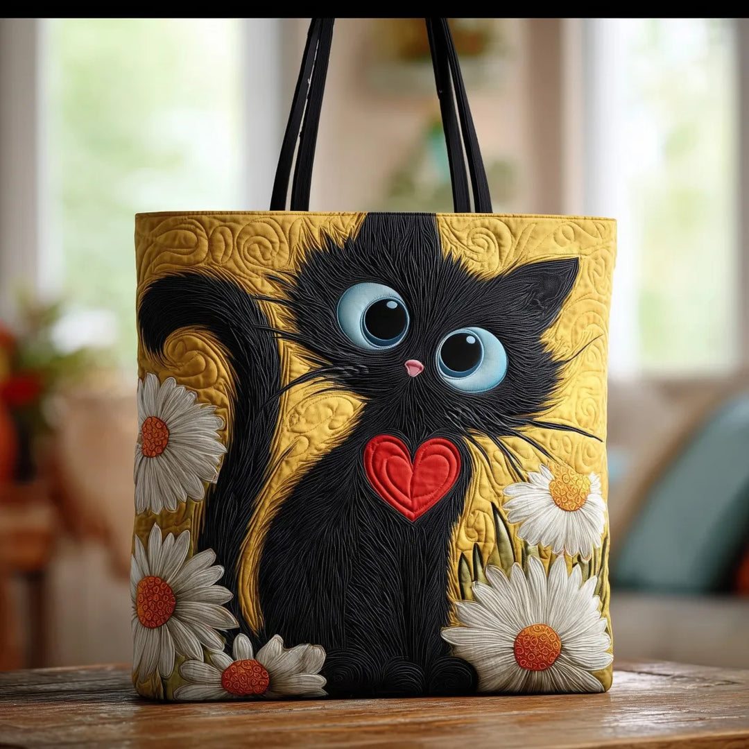 Emma | Gesteppte Tragetasche mit Motiv Schwarze Katze mit Gänseblümchen