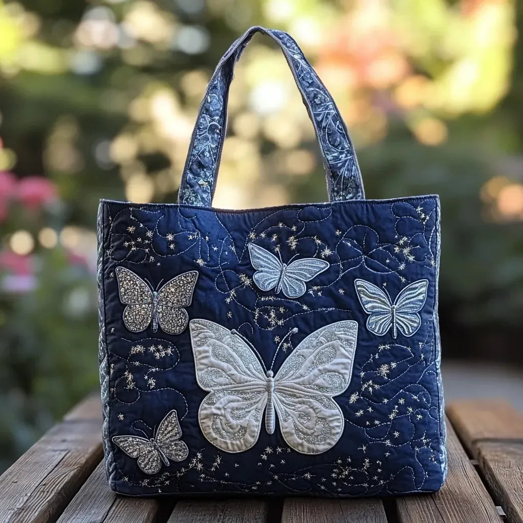 Anneliese | Gesteppte Tragetasche mit Motiv Silberne Schmetterlinge