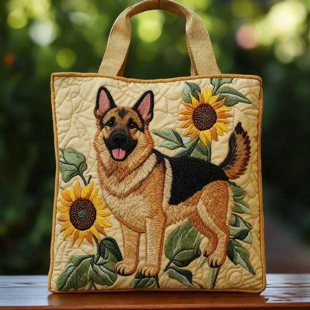 Henriette | Gesteppte Tragetasche mit Motiv Deutscher Schäferhund mit Sonnenblumen
