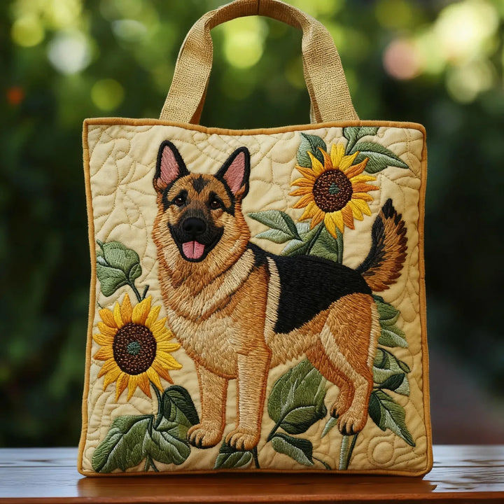 Henriette | Gesteppte Tragetasche mit Motiv Deutscher Schäferhund mit Sonnenblumen