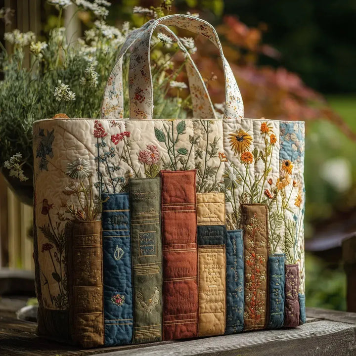 Anna | Gesteppte Tragetasche mit Motiv Bücher und Wildblumen