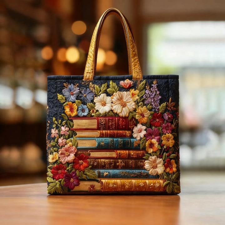 Mia | Gesteppte Tragetasche mit Motiv Bibliothek im Blühen