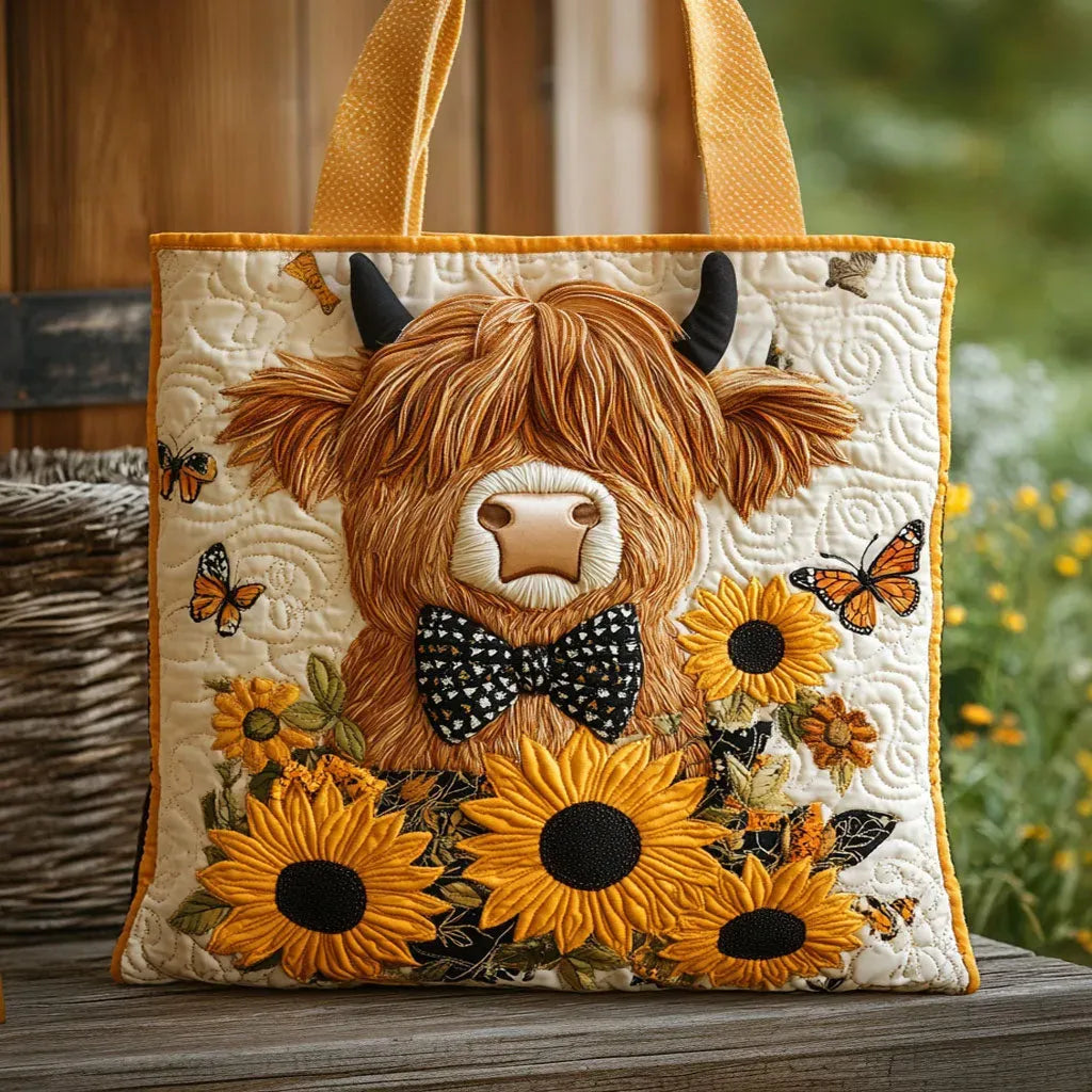 Verena | Gesteppte Tragetasche mit Motiv Hochlandrind mit Sonnenblumen
