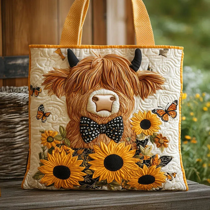 Verena | Gesteppte Tragetasche mit Motiv Hochlandrind mit Sonnenblumen
