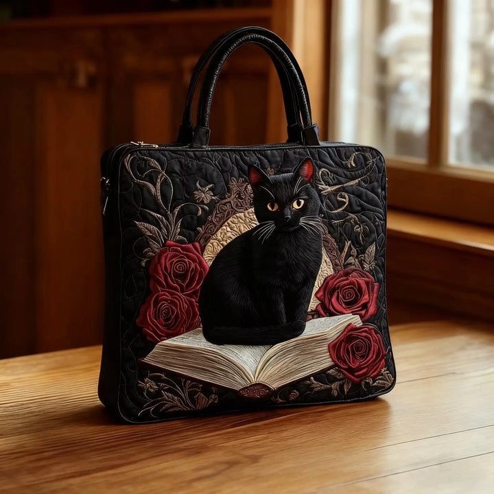 Liesel | Gesteppte Tragetasche mit Motiv Schwarze Katze und Rote Rosen