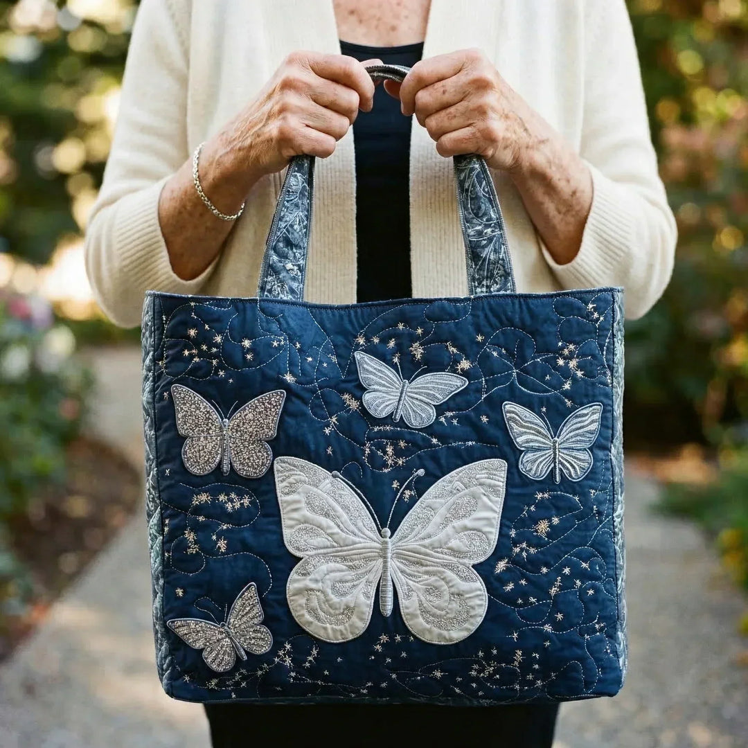 Anneliese | Gesteppte Tragetasche mit Motiv Silberne Schmetterlinge