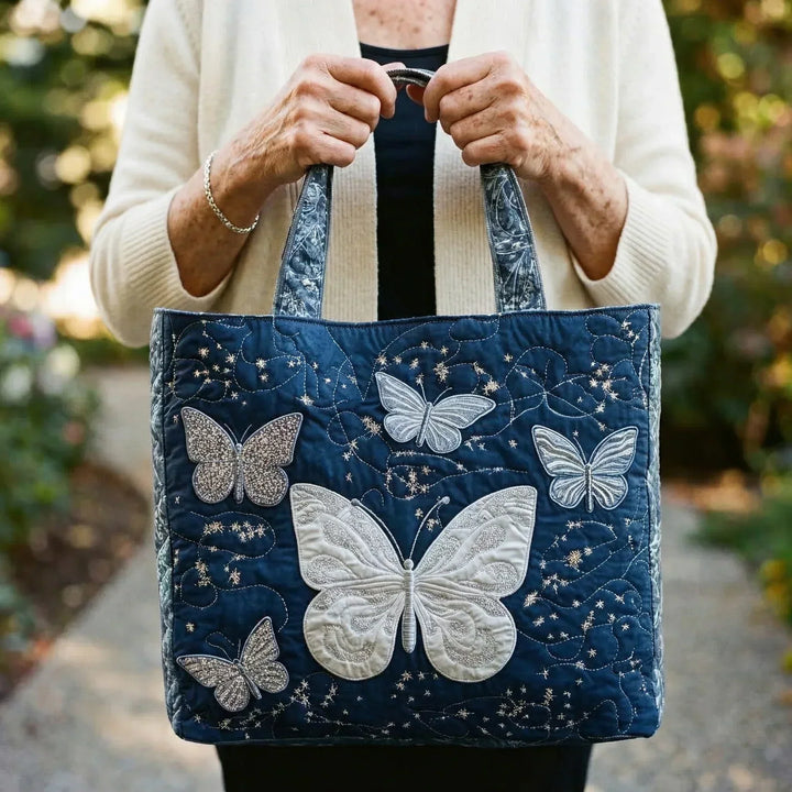 Anneliese | Gesteppte Tragetasche mit Motiv Silberne Schmetterlinge