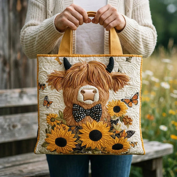 Verena | Gesteppte Tragetasche mit Motiv Hochlandrind mit Sonnenblumen