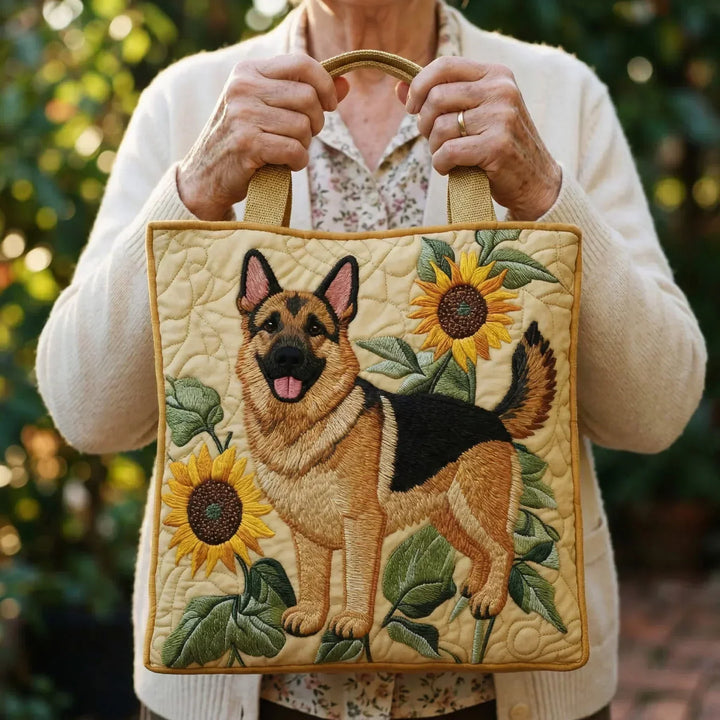 Henriette | Gesteppte Tragetasche mit Motiv Deutscher Schäferhund mit Sonnenblumen