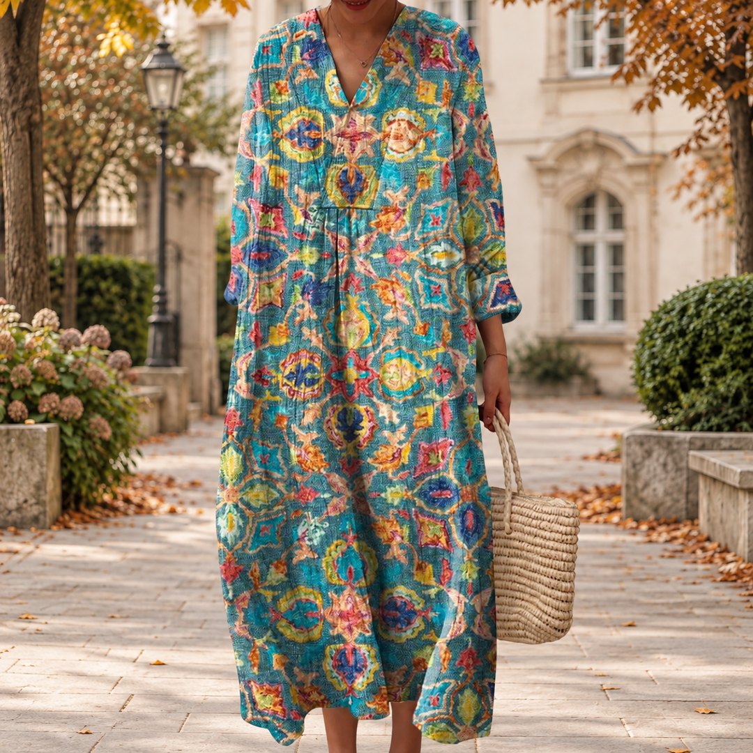 Figurschmeichelndes Herbstkleid mit Print