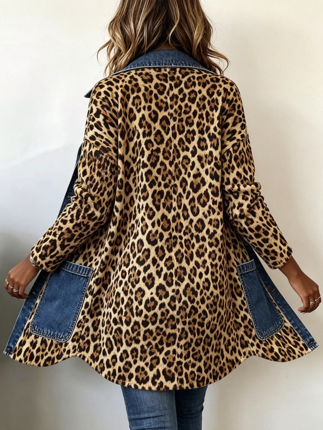 Selma | Lange Kontrastjacke mit Leopardenmuster und Jeansbesatz