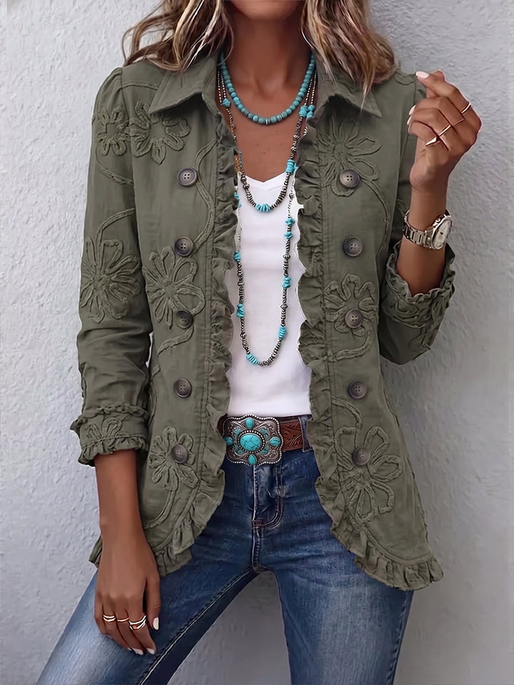 Alina | Boho-Chic-Utility-Jacke mit Blumenstickerei und Rüschenbesatz